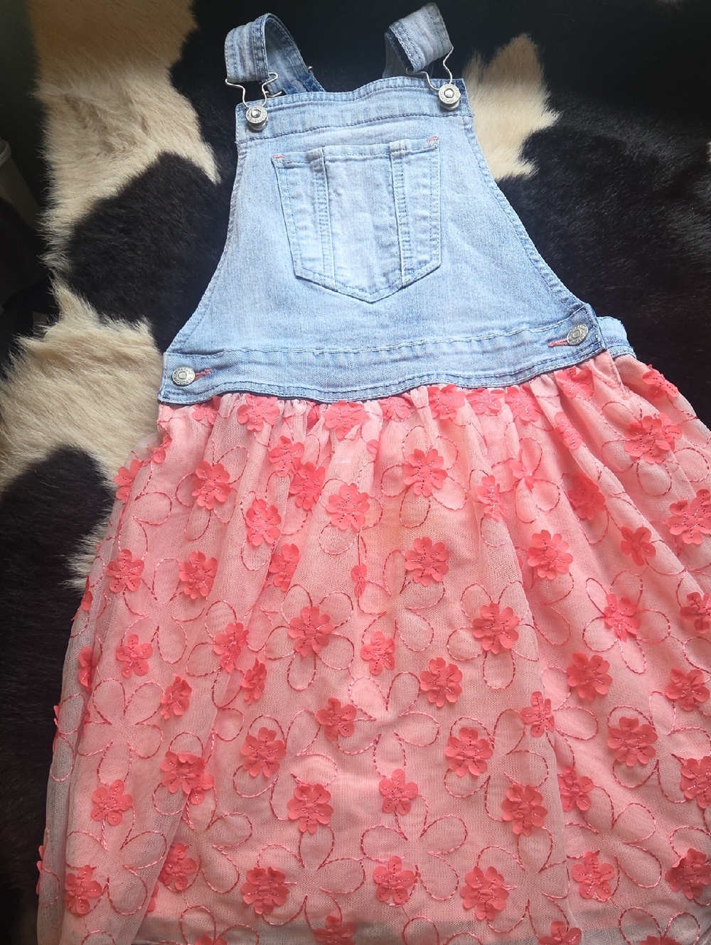 Denim Bib Sundress with Coral Floral Skirt Sz 10/12
